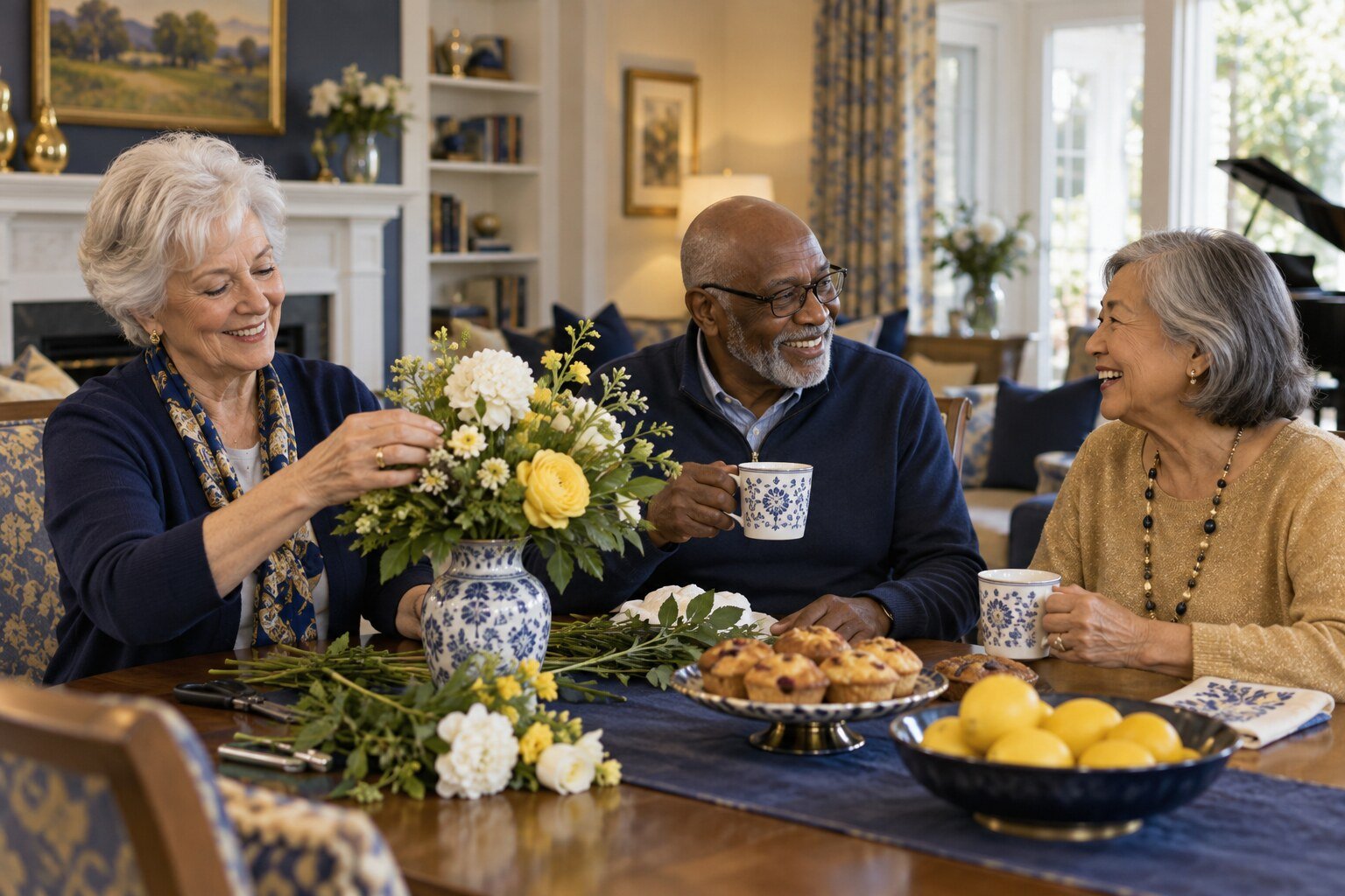 Older adults enjoying flowers, coffee, and conversation together